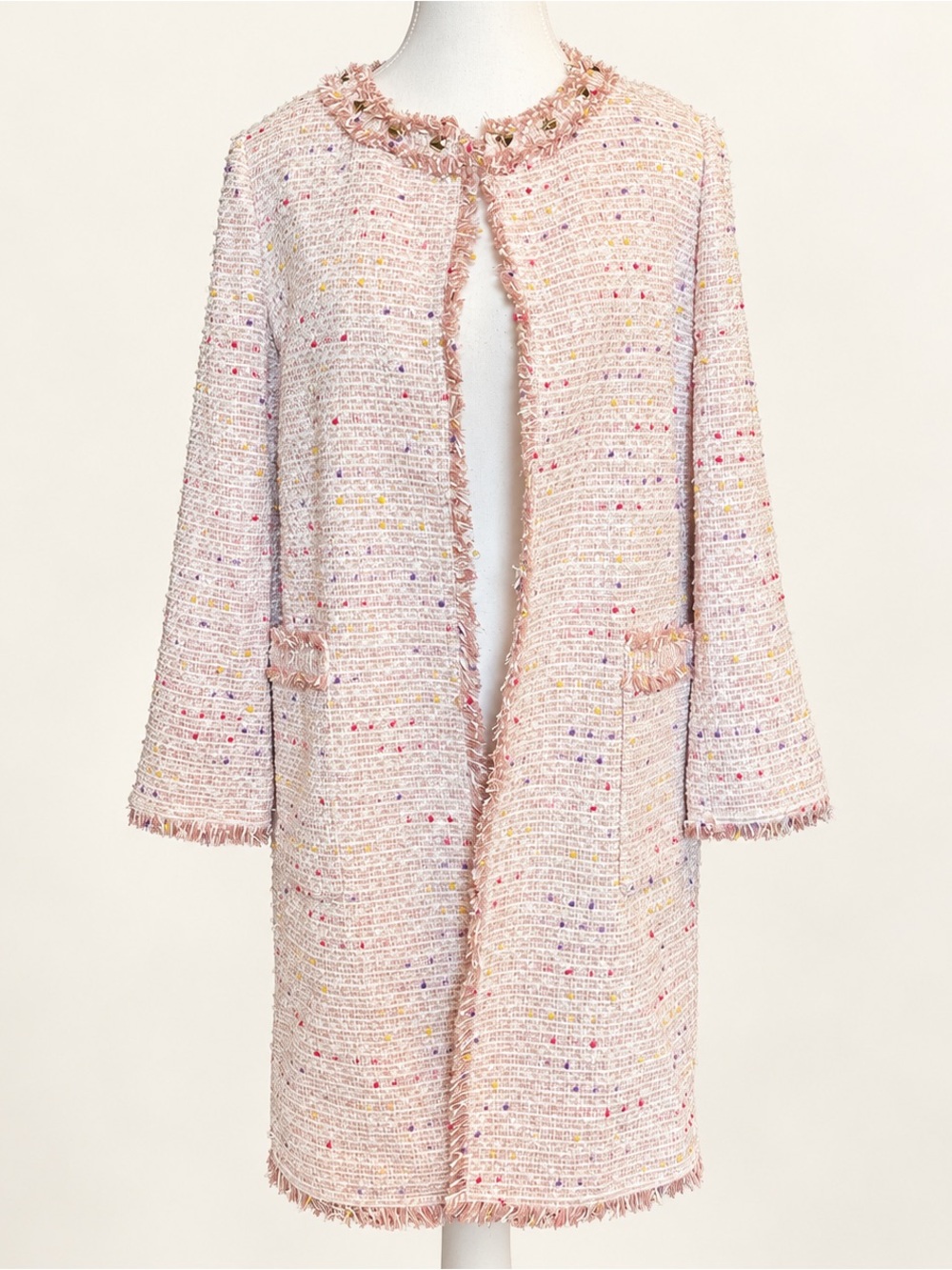 Kate Spade • NWT • Mainline Pink Tweed Long Jacket Coat Studded Fringe Trim Sz 4